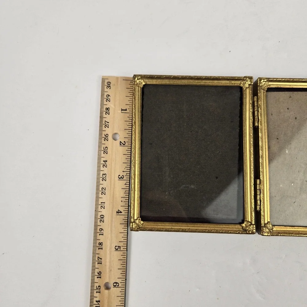 Vintage Gold Metal Folding Double Picture Frame Ornate Embossed Floral Bifold